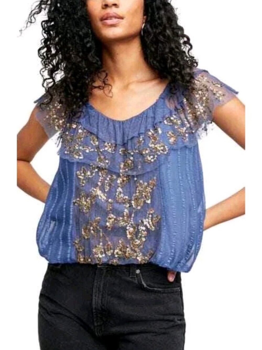 Free People Elisas Wild Moon Sequins Tulle Embellished Blouse Blue Small
